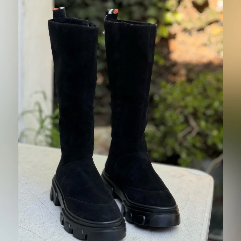 FARM Rio Black Suede Over-the-Knee Boots with Geometric Trim
